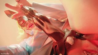 Strap-on JOI in rabbit mask and PVC coat - sexy blonde MILF dirty talk role play (Arya Grander)