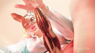 Strap-on JOI in rabbit mask and PVC coat - sexy blonde MILF dirty talk role play (Arya Grander)