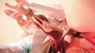 Strap-on JOI in rabbit mask and PVC coat - sexy blonde MILF dirty talk role play (Arya Grander)