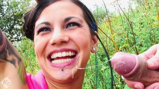 SEXY PUNK CHICK SLUT SUCKS A GUY OFF OUTSIDE ON THE PARK BENCH