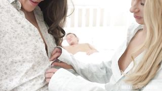 Tatted-up brunette and pierced nipples blonde shine in an FFM with anal