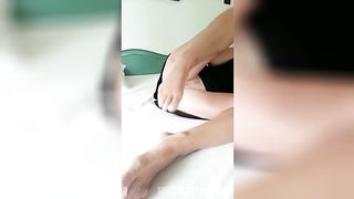 Pussy gaping, spreading fingering in black mini dress