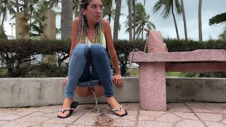 PUBLIC WETTING JEANS IN PARK NEAR THE BEACH