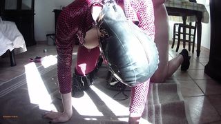 MILF IN LEATHER CATSUIT AND BOOTS OVER THE KNEE, THROATED, FUCKED, CUM ON TITS