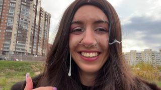 GIRL IN FUR COAT THANKS GUY FOR HELPING WITH BROKEN CAR AND LETS HIM CUM ON FACE FULL VIDEO