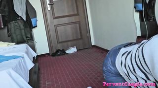 A horny milf redhead learns how to be submissive while sucking and fucking while wearing a belt around her neck