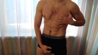 MUSCULAR GUY IN BLACK BRIEFS STARTED MASSAGING HIS BALLS AND AROUSING HIS BIG COCK ALEX HUFF