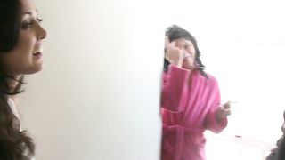 Two Interracial hot brunette play with pussies with dildo each others