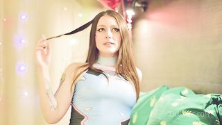 Young slut D.Va cums several times and stretches her pussy and ass with alien dildo until creampie