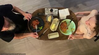 CMNF OVERHEAD CANDID SPAGHETTI DINNER