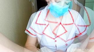 Sexy nurse in mask and gloves sucks dick and made excellent balls massage till hard orgasm with huge cumshot! POV medical fetish 4k 60 fps video