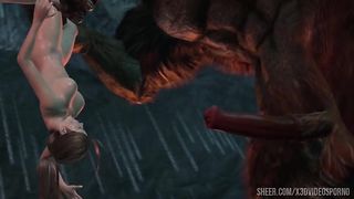 Lara Croft the tomb raider fell into the clutches of terrible monsters who fucked her en masse in all holes very deeply. Part 3 of three.