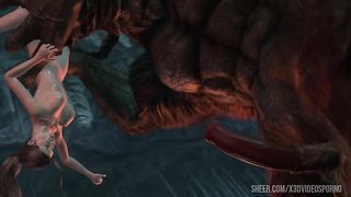 Lara Croft the tomb raider fell into the clutches of terrible monsters who fucked her en masse in all holes very deeply. Part 3 of three.