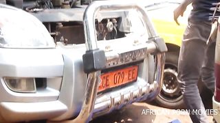 The mechanic and his customers caught fucking publicly in a car garage in front of the other customers with his big and long cock in his work clothes