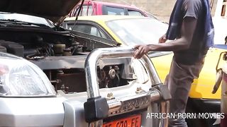 The mechanic and his customers caught fucking publicly in a car garage in front of the other customers with his big and long cock in his work clothes
