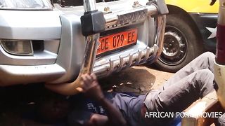 The mechanic and his customers caught fucking publicly in a car garage in front of the other customers with his big and long cock in his work clothes