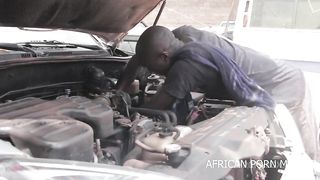 The mechanic and his customers caught fucking publicly in a garage of vehicles in front of the other customers with his big and long cock in his work clothes. exclusive to African street thug from Af