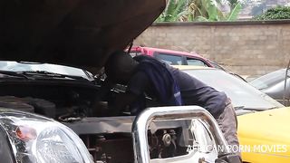 The mechanic and his customers caught fucking publicly in a car garage in front of the other customers with his big and long cock in his work clothes on African Bi and lesbians