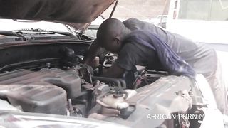 The mechanic and his customers caught fucking publicly in a car garage in front of the other customers with his big and long cock in his work clothes on African Bi and lesbians