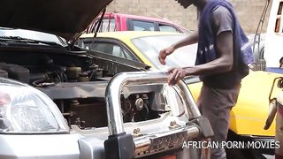 The mechanic and his customers caught fucking publicly in a car garage in front of the other customers with his big and long cock in his work clothes on African Bi and lesbians