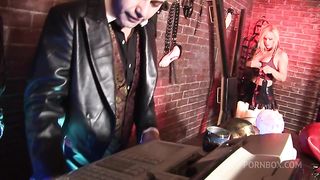 Red Latex Masked Girl Fucked In Horror Shop During Threesome