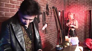 Red Latex Masked Girl Fucked In Horror Shop During Threesome