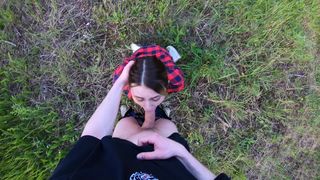 Cum on her face and little tits outdoors