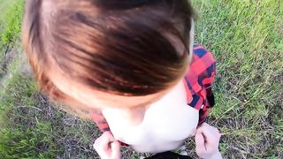 Cum on her face and little tits outdoors