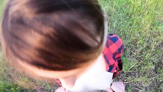 Cum on her face and little tits outdoors