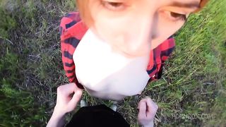 Cum on her face and little tits outdoors