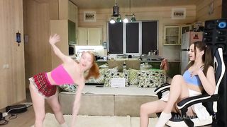 school cute girls met and play with different cocks