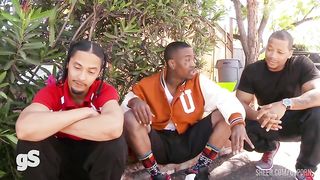 Black college girl is fucked in gangbank with anal and DP