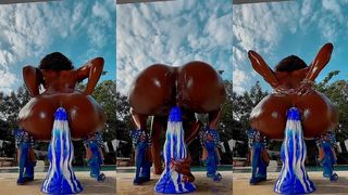 RIDING MY BIG BLUE DILDO OUTSIDE AND SQUIRTING ALL ALONG