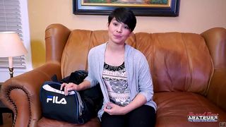 HORNY BRUNETTE COED JAE SCOTT SUCKS A COCK AND GETS HER PUSSY FUCKED!