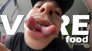 GIANT LETS HIMSELF BE WATCHED BY A TINY HUMAN AS HE COMES TO BE DEVOURED LATER.