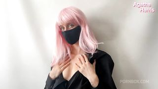 Pink-haired beauty cums from a sex toy