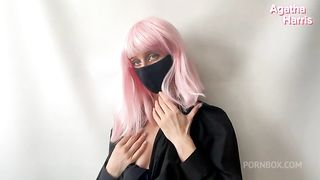 Pink-haired beauty cums from a sex toy