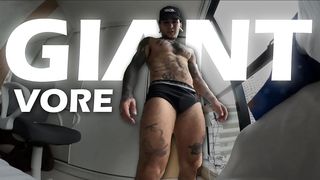 SWEATY GIANT RETURNS FROM TRAINING AND PLAYS WITH TINY HUMAN, TRIES TO DEVOUR HIM AND SPILLS SPERM ALL OVER HIS BODY