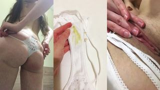 GIRL SHOWS DIRTY PISS-STAINED PANTIES WITH YELLOW URINE STAINS AND MASTURBATES UNWASHED PUSSY CLOSE-UP