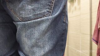 Wife teased the electrician and fucked in the shower hidden from her husband