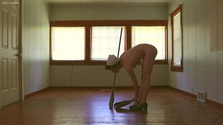 NUDE MAID SWEEPS DIRTY FLOOR IN JUST HEELS