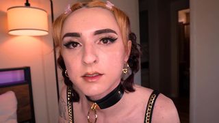 TRANS CHASTITY SLUT DUSTI BUNNI GETS LEASHED & USED BY STUD