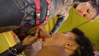 TATTOO LESBIANS HARD FUCK WITH STRAP-ON - SQUIRTING AND PISS