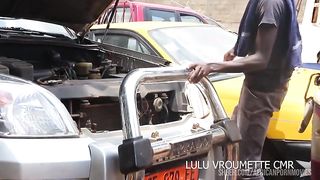 Public fuck at the garages with the mechanic. In the middle of town at the garage, the mechanic is having sex with his customer who has come to look at her broken down car. Stretched cock in tight ass