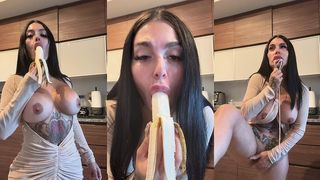 KITCHEN CUMSLUT SOLO - BANANA DEEPTHROAT TO DRIPPING PUSSY PLAY