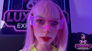 POV 4K OF AN ULTRA REALISTIC REAL SEX DOLL IN CYBERPUNK NEON, WITH A LARGE GLASS TOY, LED PLUG VIBES, AND NATURAL FULL BODY MOVEMENT.