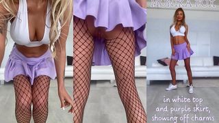 MONIKA FOX POSING IN WHITE TOP, PURPLE SKIRT AND SHOWING PUSSY AND ASS