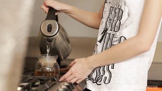 Skinny teen analized in the kitchen
