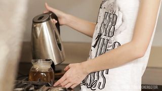 Skinny teen analized in the kitchen