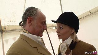 SLIM BLONDE GIRL SEDUCE TO RISKY CFNM FUCK BY OLD FAT COCK GUY AT FARM AND LET HIM CUM IN HER OPEN MOUTH